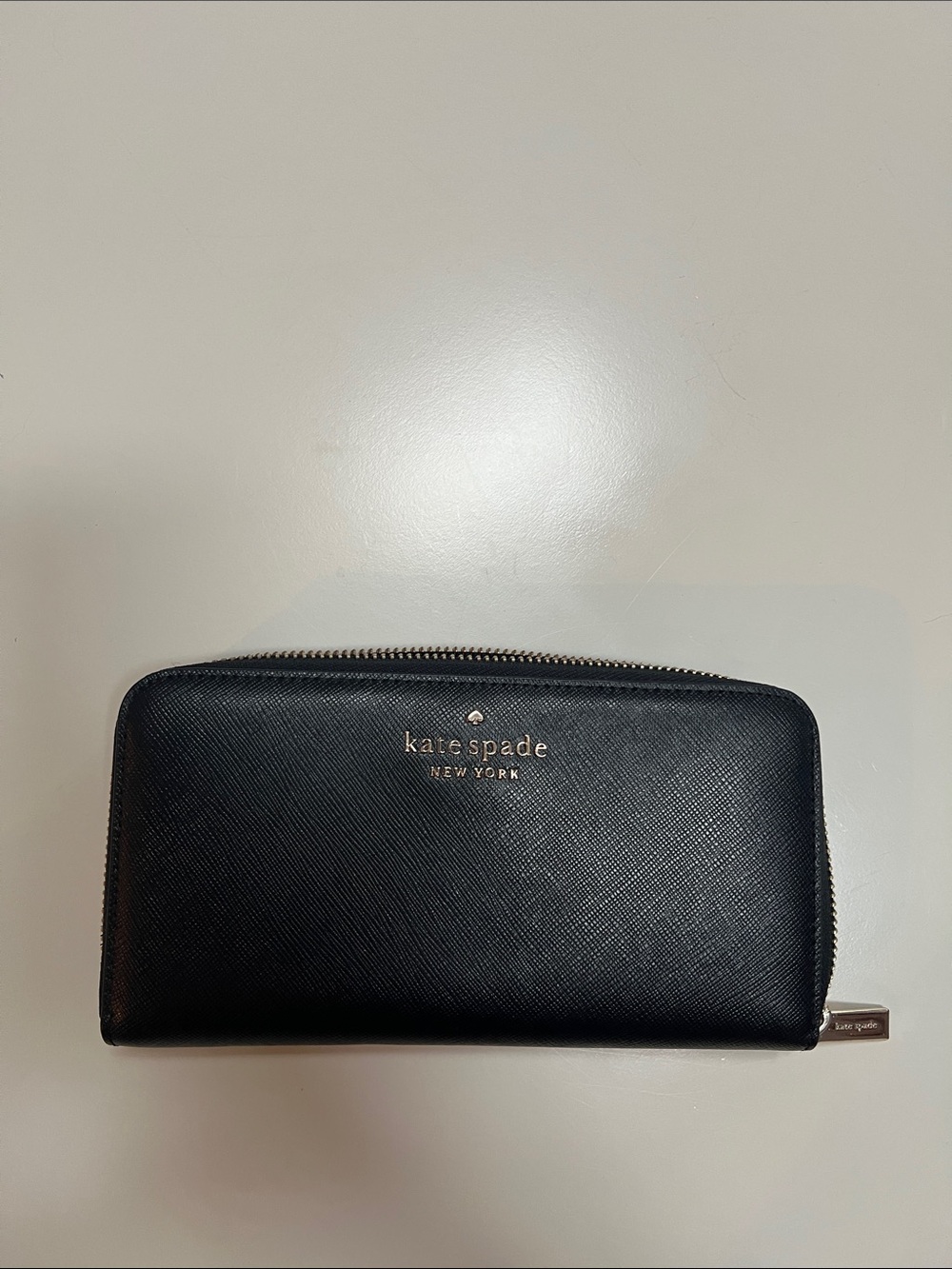 kate spade Black Saffiano Zip Wallet with Gold Logo